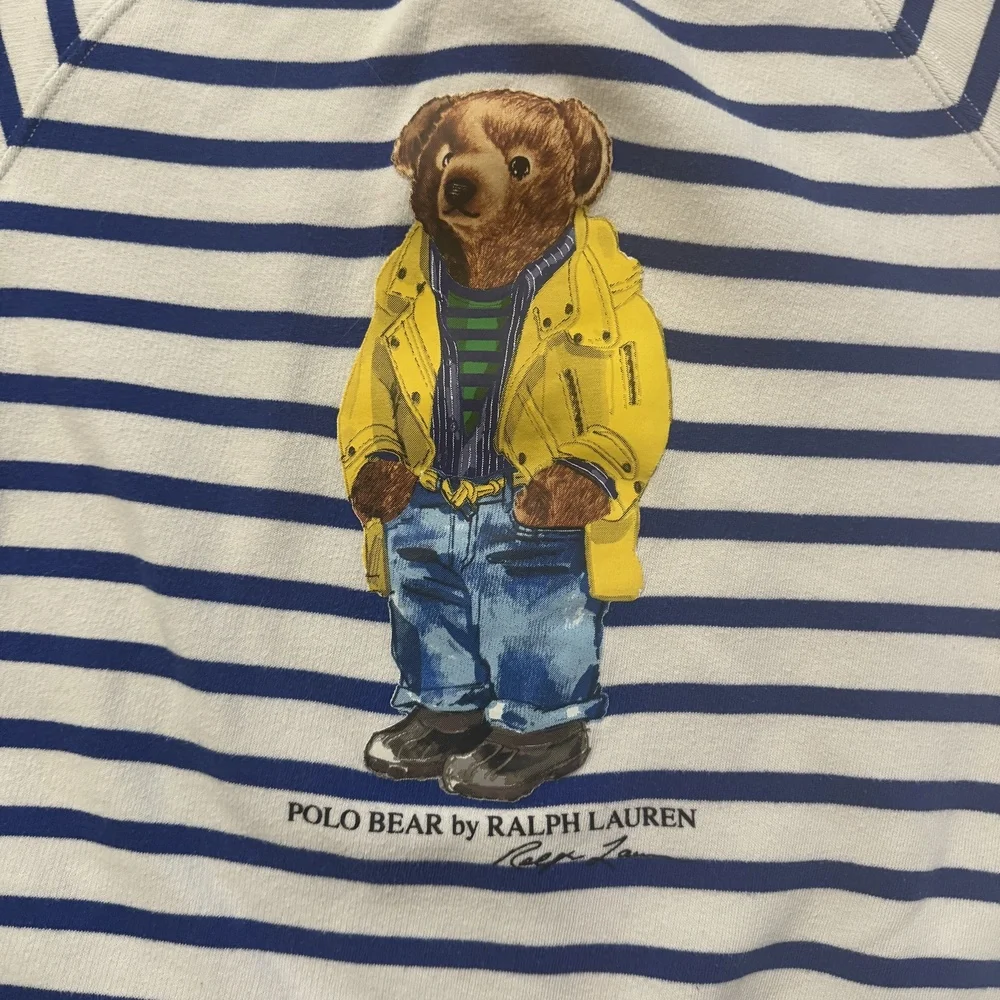Polo Ralph Lauren Kids Large Polo Bear Striped Sweatshirt White Blue Prep - Picture 3 of 5